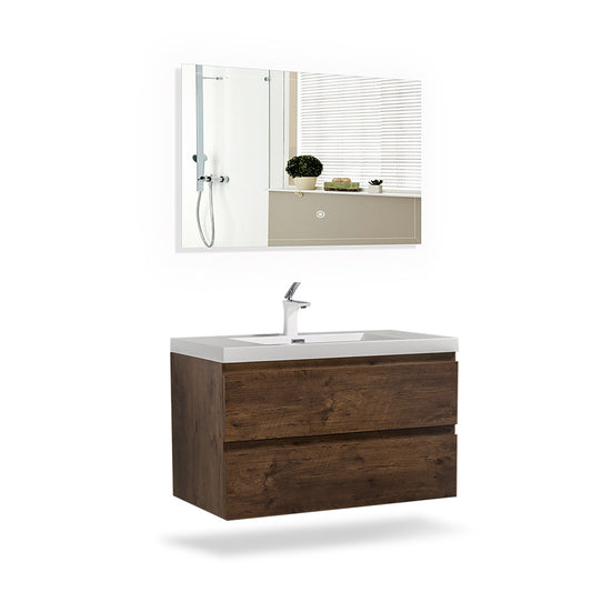 36" V9005 Angela Series Wall Hung Vanity & Acrylic Basin Sink (Rose Wood）