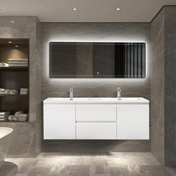 60" V9005 Angela Wall Hung Vanity & Acrylic Double Basins (Glossy White)