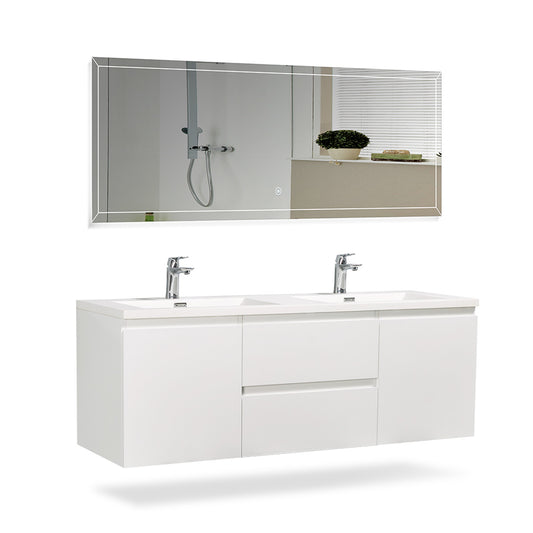 60" V9005 Angela Series Wall Hung Vanity & Acrylic Basin Double Sink (Glossy White）