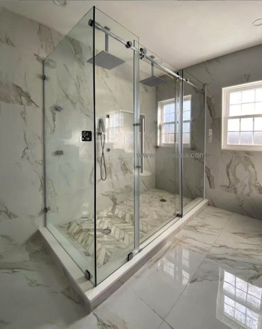 Matthew MZ  Frameless Single Sliding Shower Door with Return Panel (3 Panels) (Brushed Nickel)