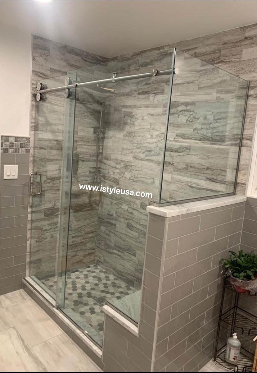 MZ Frameless Shower Enclosures with Wall Half Wall Return Panel 3 8