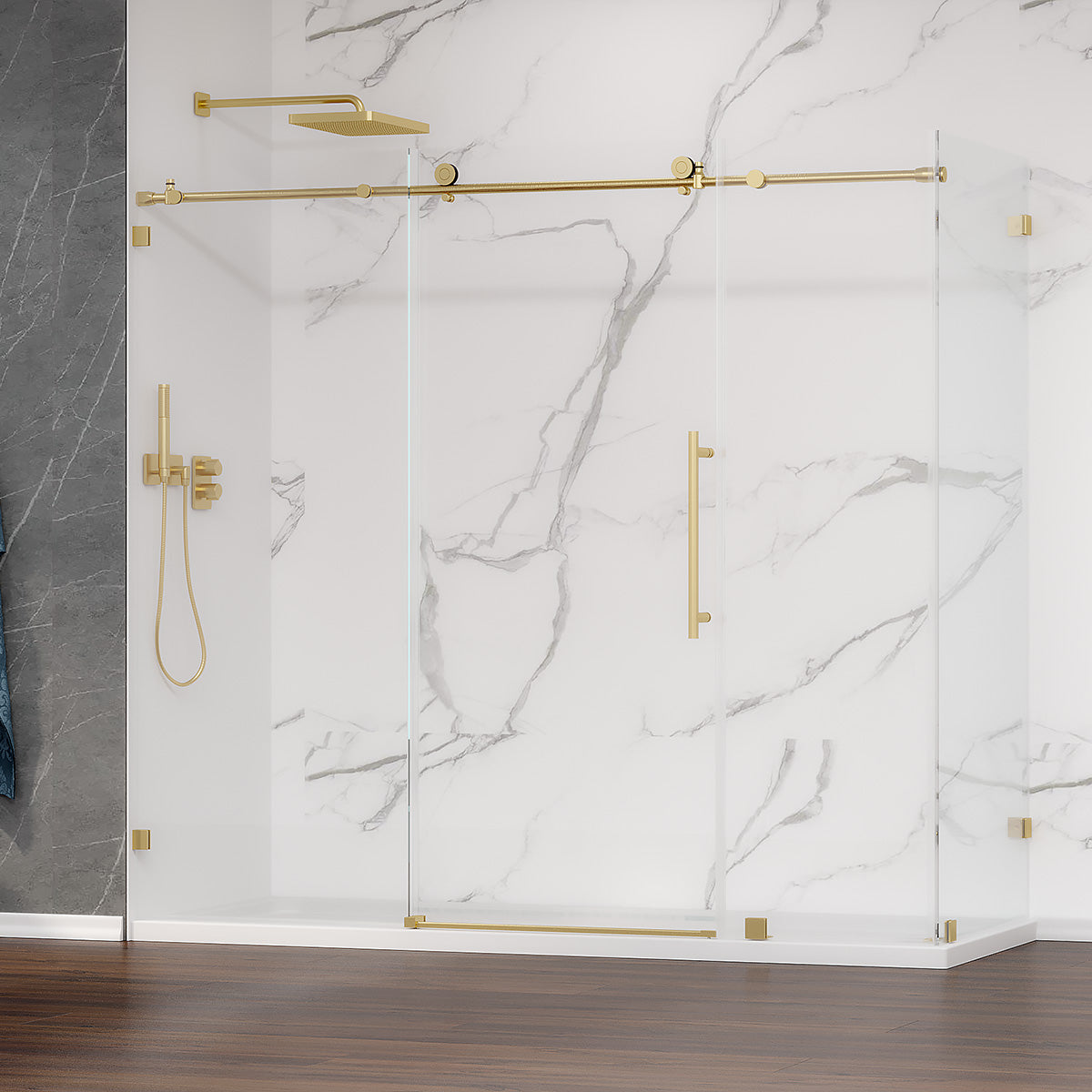 Custom MZ Frameless  Single Sliding Shower Door with Bench/Wall Return Panel     (3/8") (Chrome, Brushed Nickel, Matte Black & Brushed Gold) - iStyle Bath