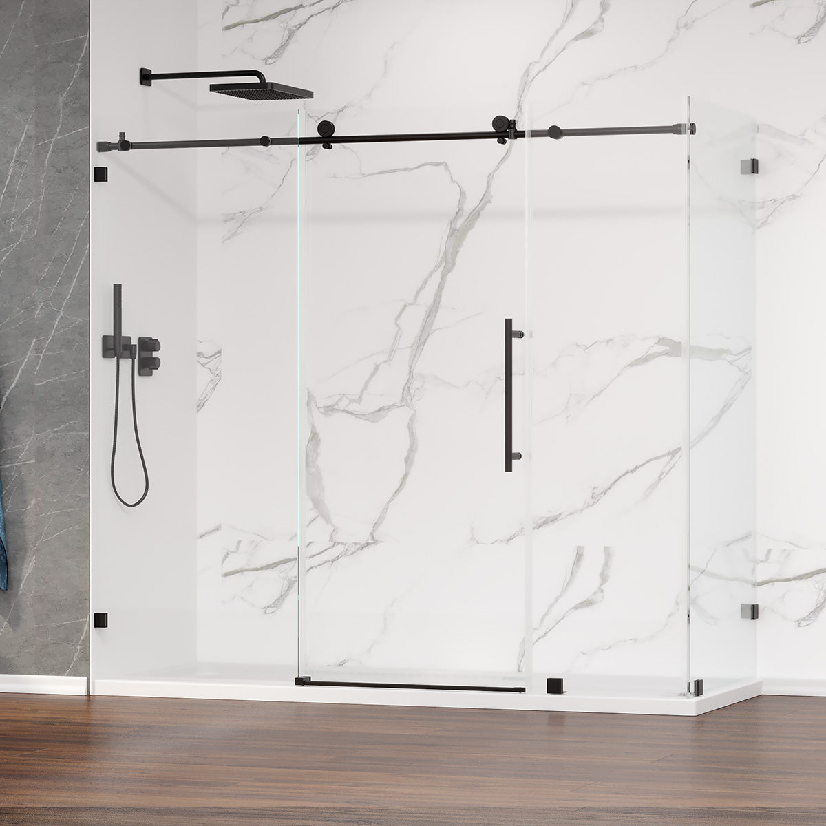 Custom MZ Frameless  Single Sliding Shower Door with Bench/Wall Return Panel     (3/8") (Chrome, Brushed Nickel, Matte Black & Brushed Gold) - iStyle Bath