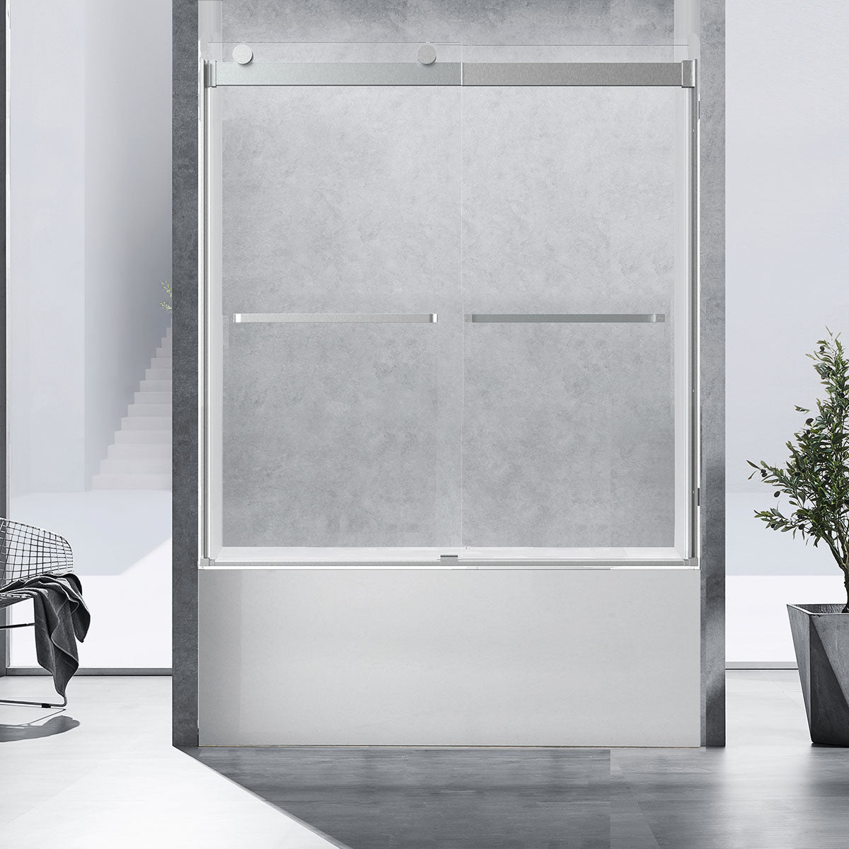 Seawin Runway 56 - 60 x 63 inches Frameless Sliding Bathtub Door 3/8 in.  (10 mm) Clear Tempered Glass with NanoShield Coating LED Rollers Polished  Chrome, image size:1200x1200