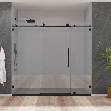 78" Frameless (3 Panels) Single Sliding Shower Door with Klearteck Treatment (3/8" Thickness) (Matte Black) MZ Matthew Series - iStyle Bath