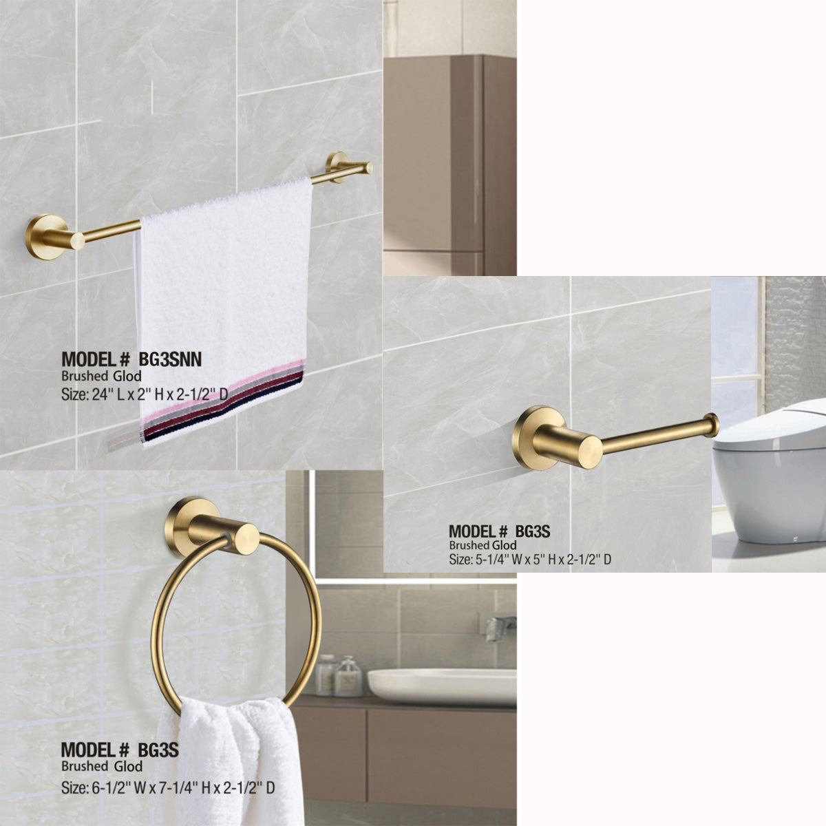 BH3S Pieces Bathroom Hardware Set (Brushed Gold)