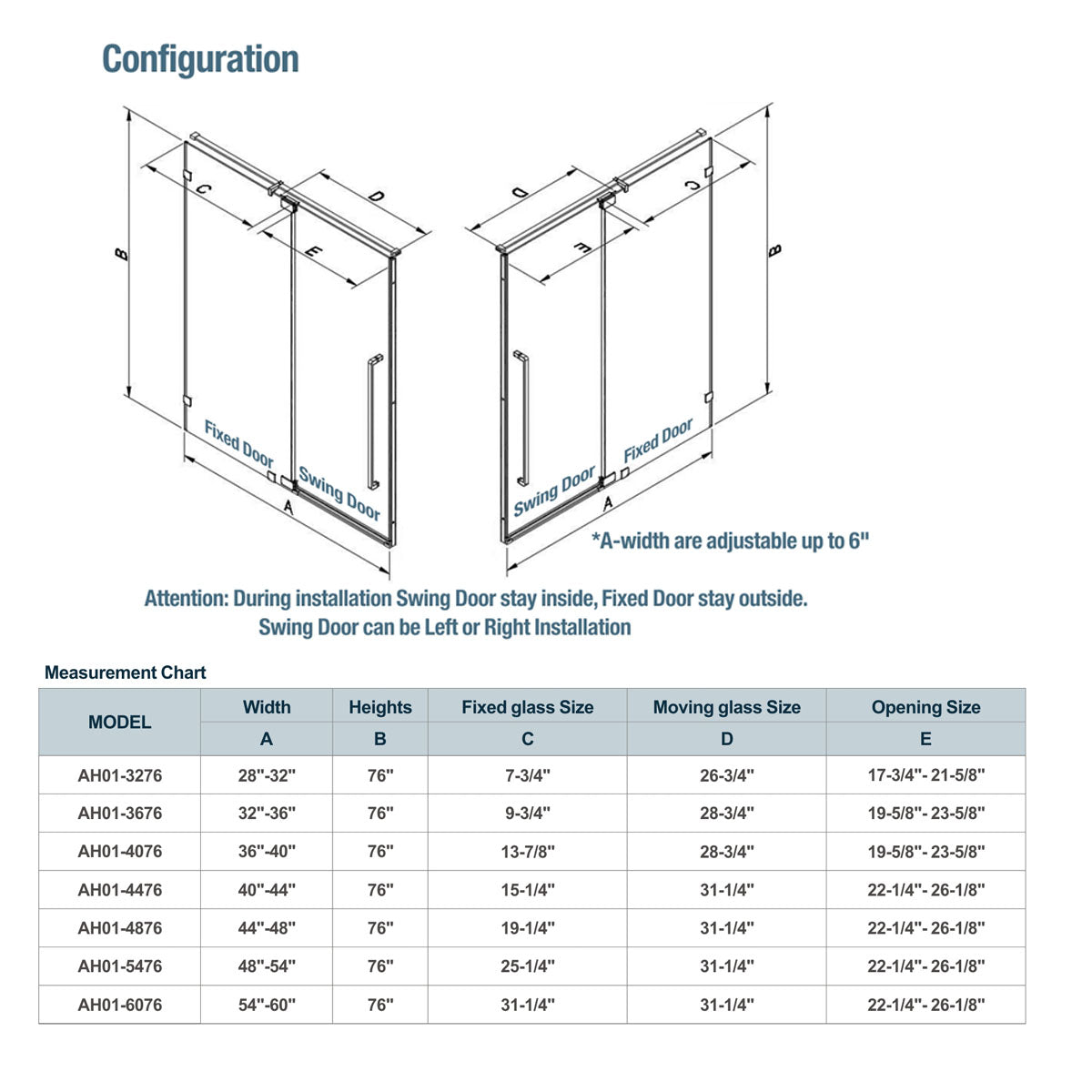 36"  Frameless Swing Shower Door with Klearteck Treatment (Fixed 3/8" & Swing 5/16" Thickness) (Brushed Nickel) AH01 - iStyle Bath