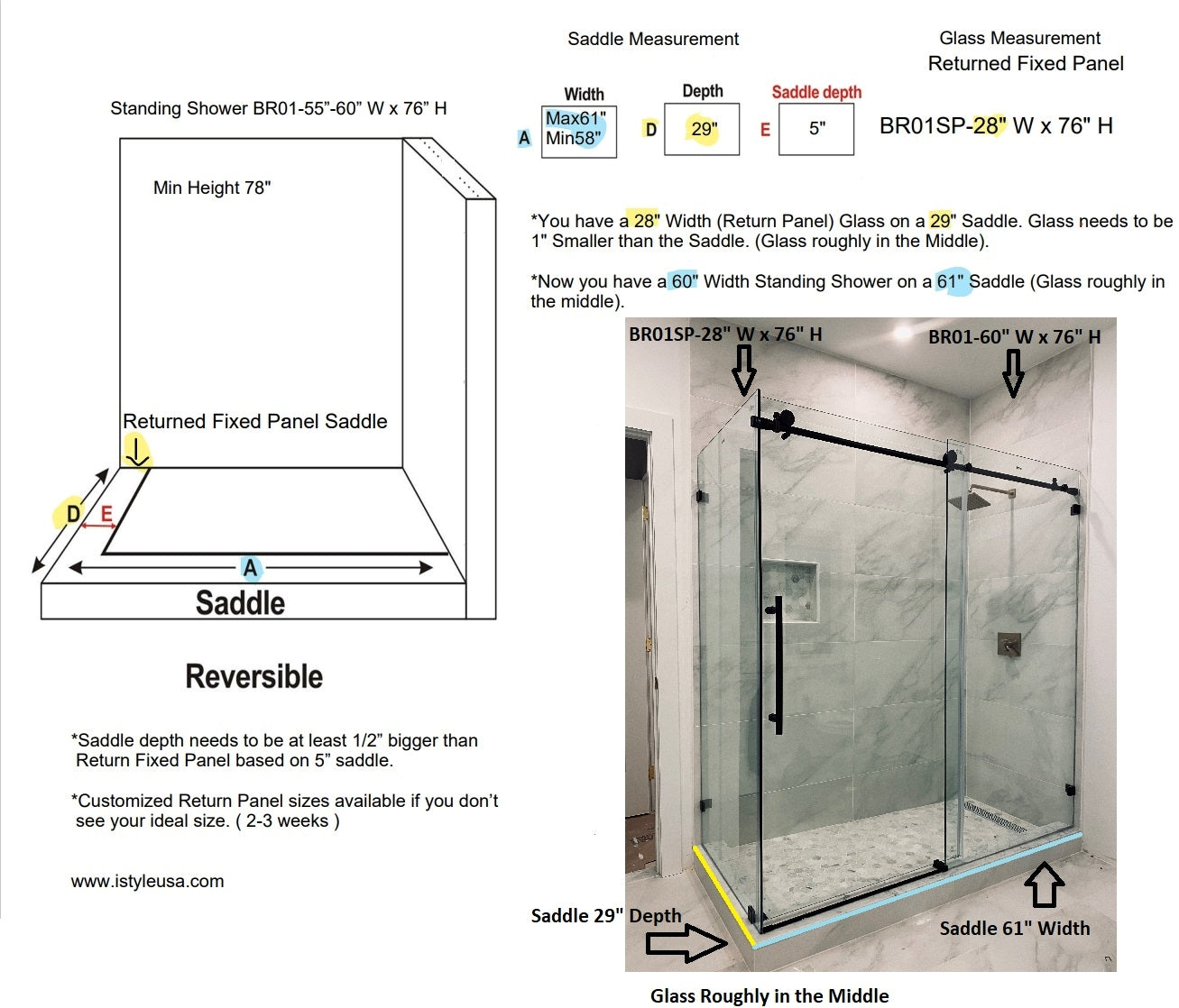 BR01 Joseph Frameless Single Sliding Shower Door with Klearteck Treatment & Return Panel 46"-72" W, RP28" - 48"D x 76"H (3/8" Thickness) (Brushed Nickel or Chrome) - iStyle Bath