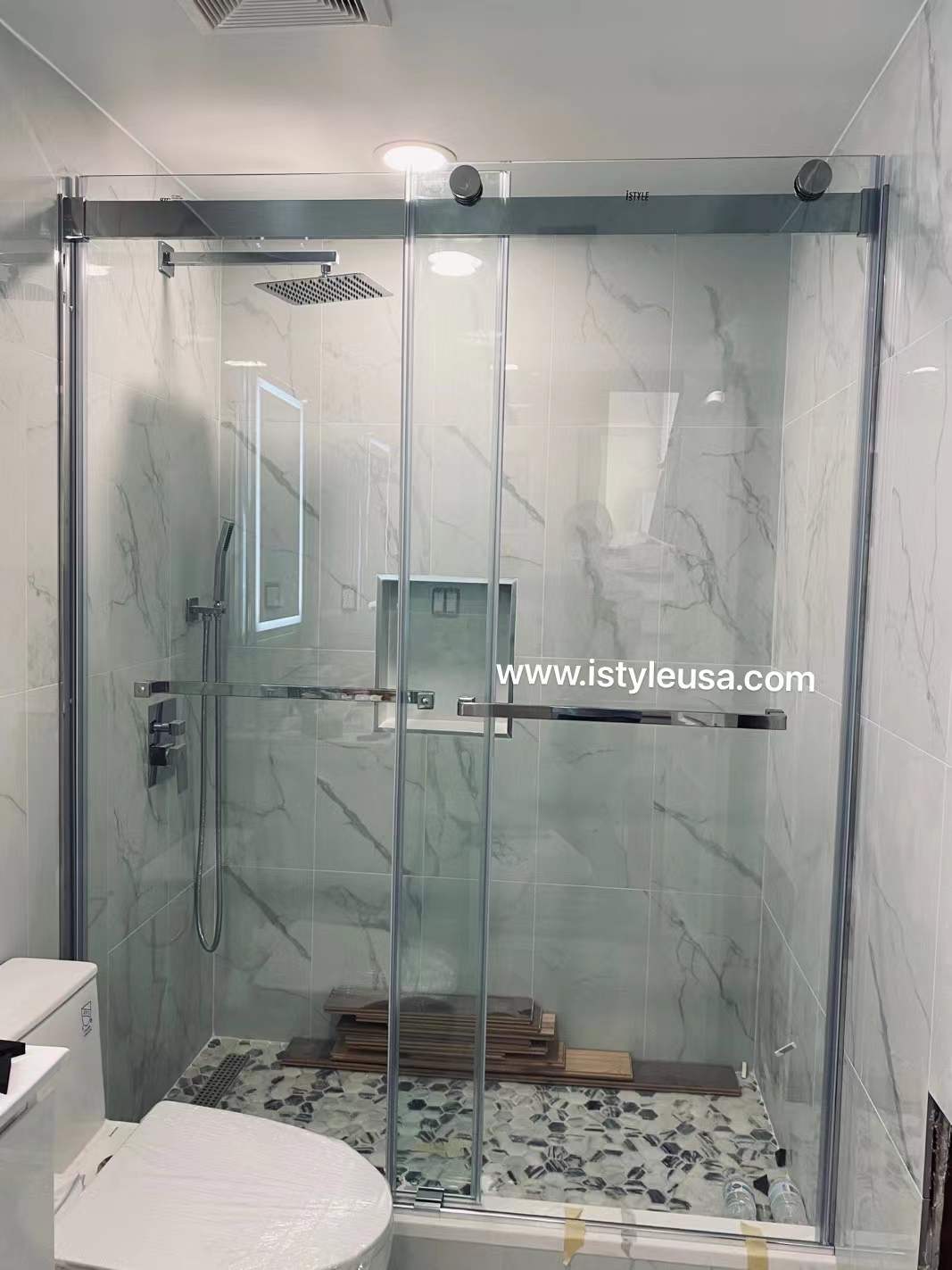 60"  Frameless Bypass Shower Door with Klearteck Treatment (3/8" Thickness) (Brushed Nickel) Ayden Series - iStyle Bath