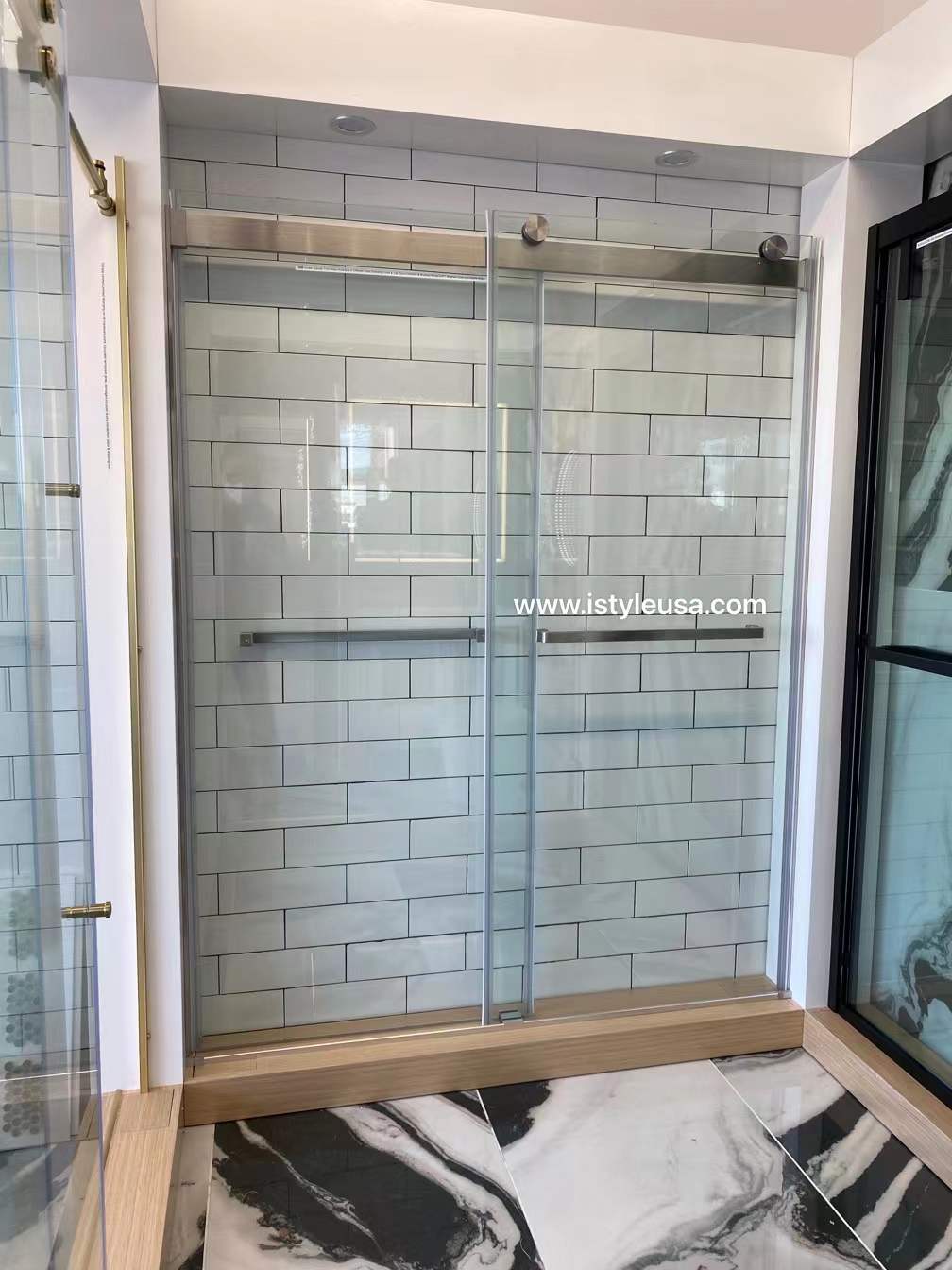 60"  Frameless Bypass Shower Door with Klearteck Treatment (3/8" Thickness) (Brushed Nickel) Ayden Series - iStyle Bath