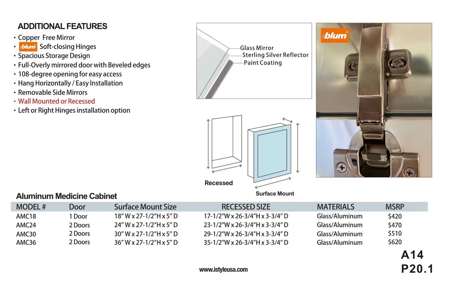 24" Aluminum Medicine Cabinet AMC Series - iStyle Bath