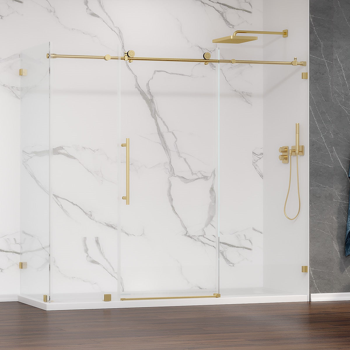 Custom MZ Frameless  Single Sliding Shower Door with Bench/Wall Return Panel     (3/8") (Chrome, Brushed Nickel, Matte Black & Brushed Gold) - iStyle Bath