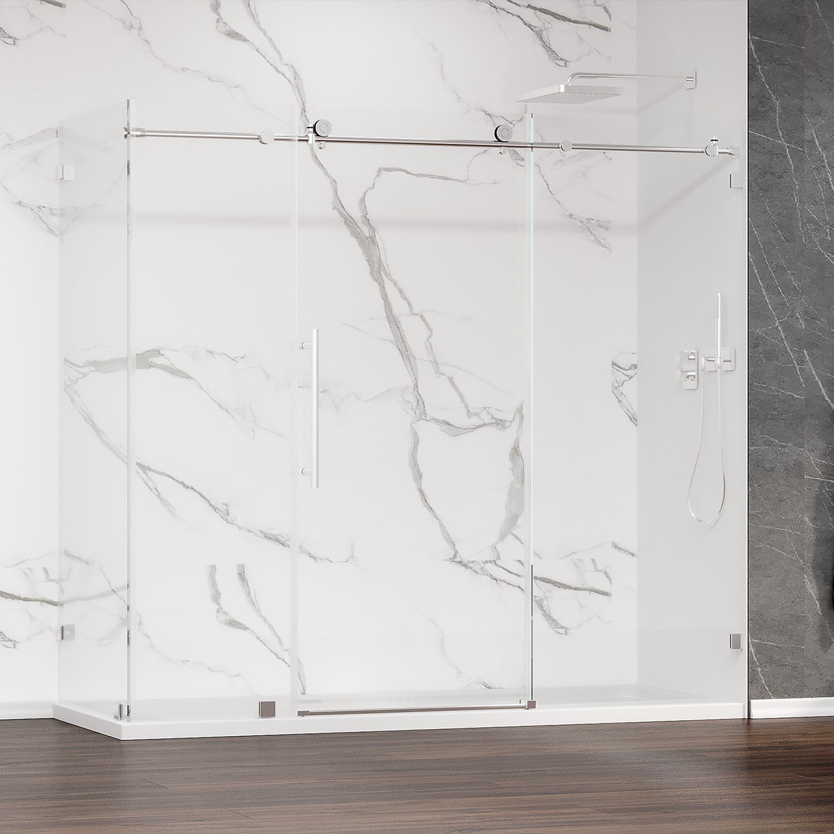 Custom MZ Frameless  Single Sliding Shower Door with Bench/Wall Return Panel     (3/8") (Chrome, Brushed Nickel, Matte Black & Brushed Gold) - iStyle Bath