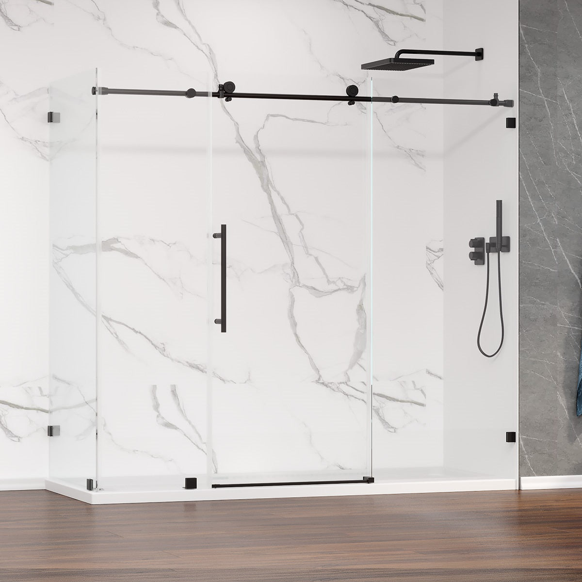 Custom MZ Frameless  Single Sliding Shower Door with Bench/Wall Return Panel     (3/8") (Chrome, Brushed Nickel, Matte Black & Brushed Gold) - iStyle Bath