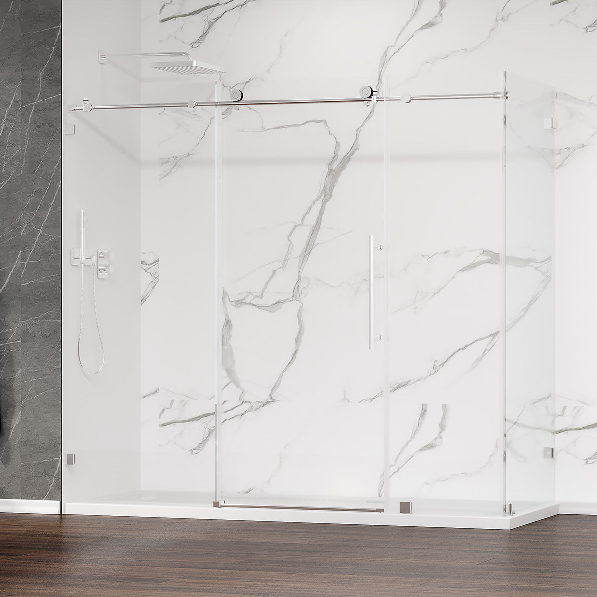 Custom MZ Frameless  Single Sliding Shower Door with Bench/Wall Return Panel     (3/8") (Chrome, Brushed Nickel, Matte Black & Brushed Gold) - iStyle Bath