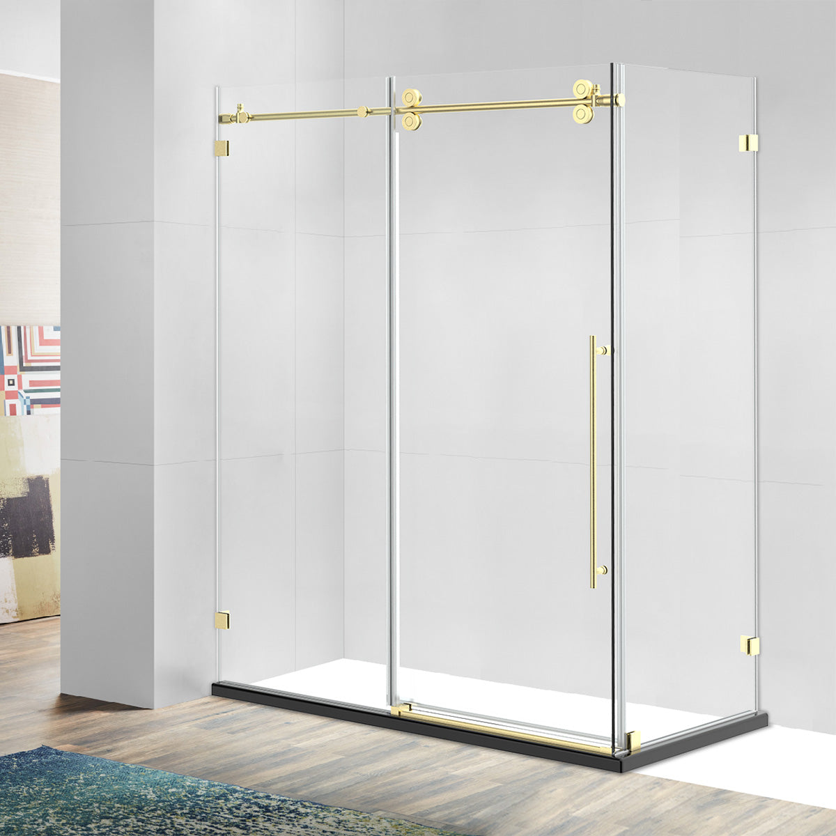 BH Frameless Single Sliding Shower Door with Return Panel {Brushed Gol