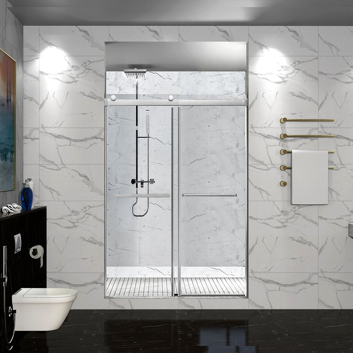54" DQZ Nicholas Series Frameless Bypass Shower Door with Klearteck Treatment  (3/8" Thickness) (Brushed Nickel)