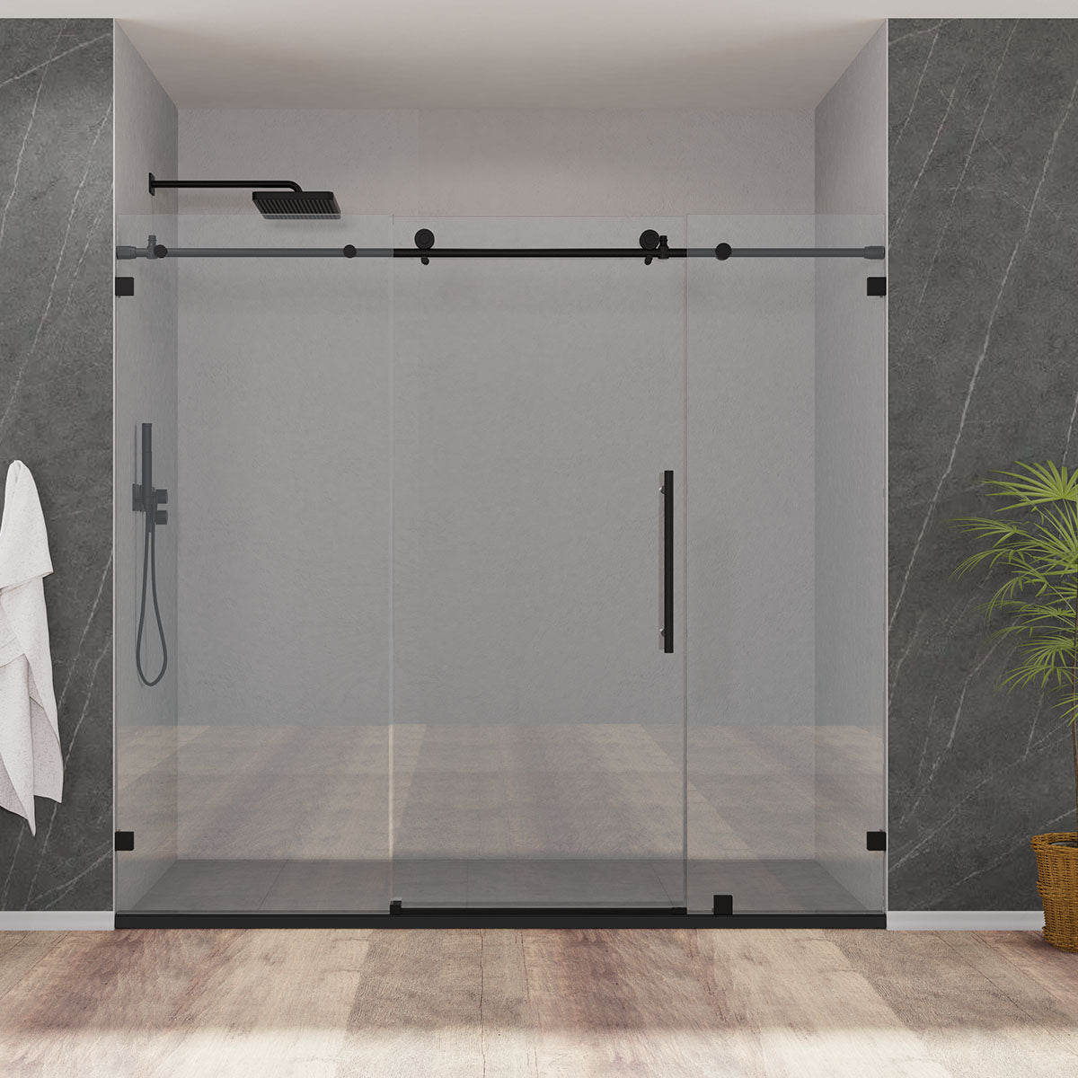 84" Frameless (3 Panels) Single Sliding Shower Door with Klearteck Treatment (3/8" Thickness) (Matte Black) MZ Matthew Series