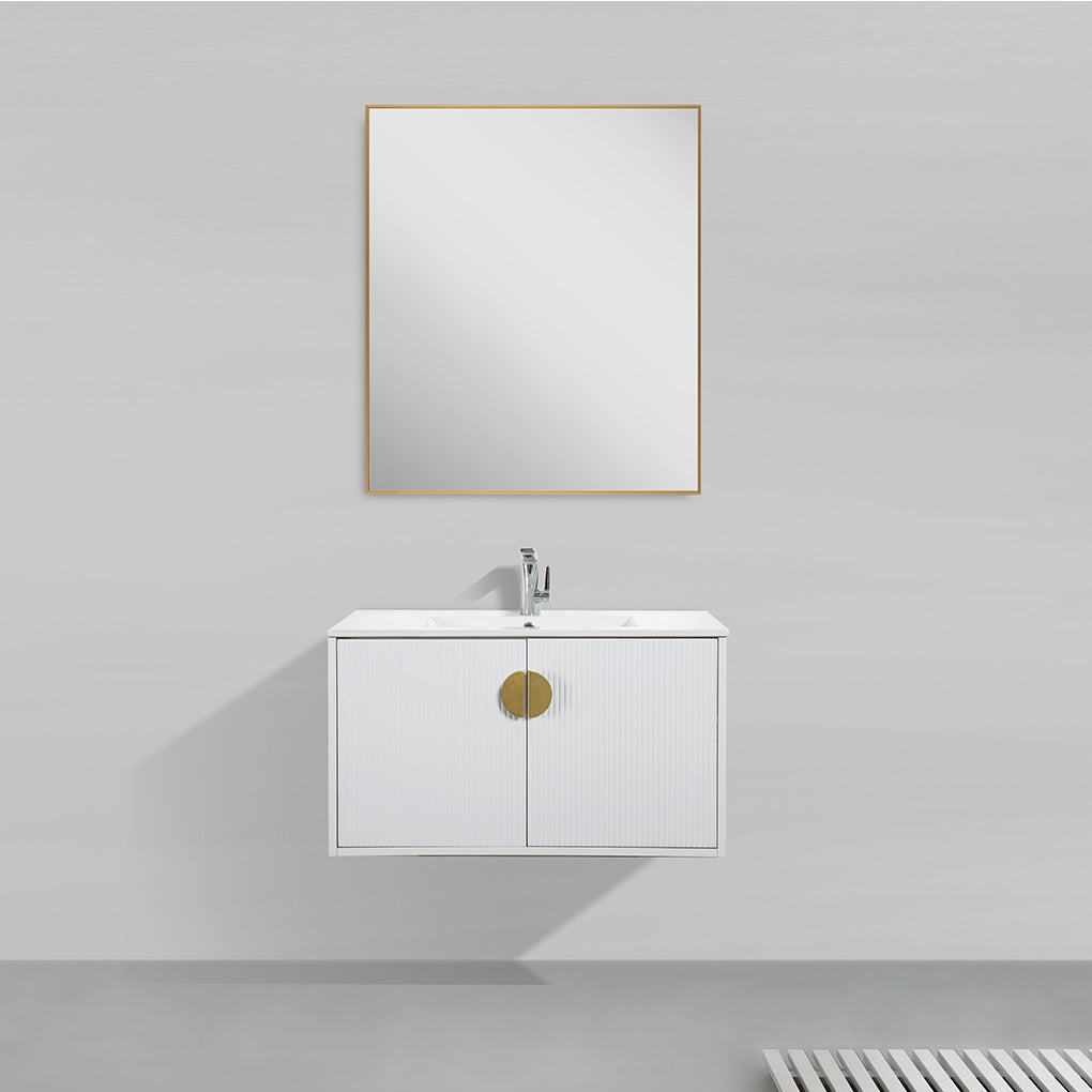 36" V9015 Series Wall Hung Vanity & Ceramic Sink (Glossy White)