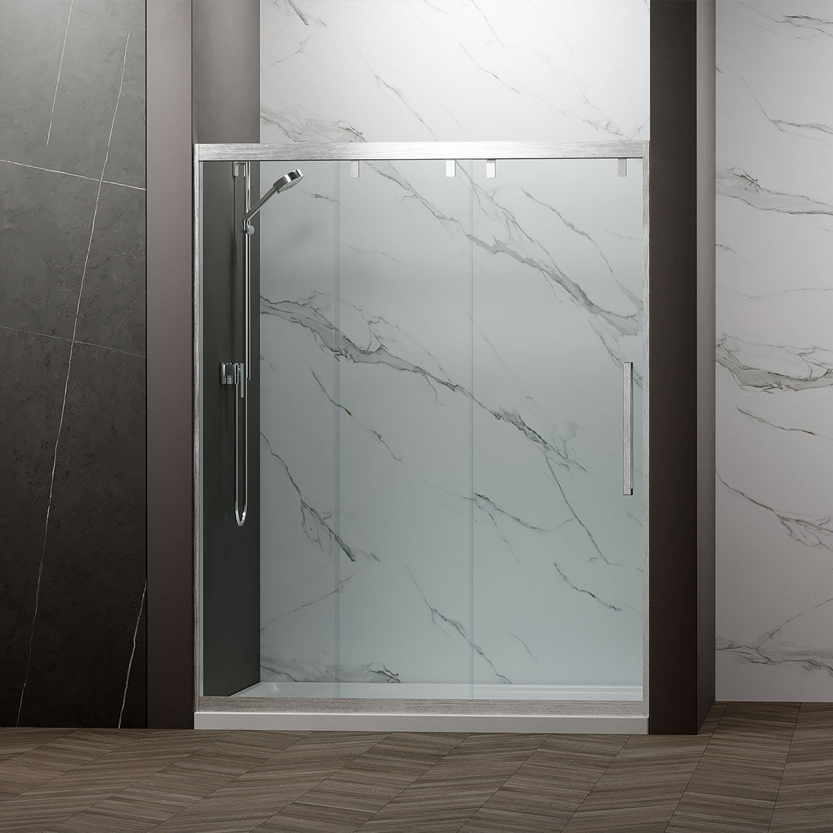 38" Monaco Maximize your small bathroom space with ease and style with our sliding shower door (Brushed Nickel) Monaco Series
