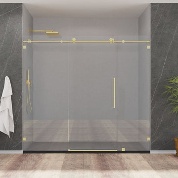 84" Frameless (3 Panels) Single Sliding  Shower Door with Klearteck Treatment (3/8" Thickness) (Brushed Gold) MZ Matthew Series