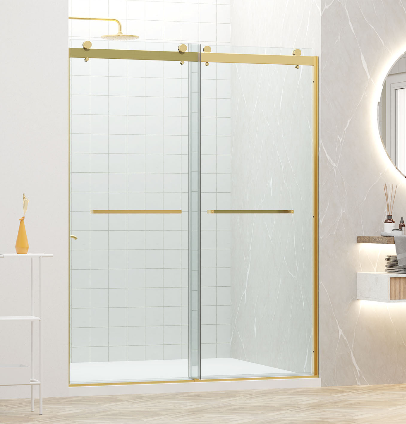 60" Linda Series Frameless Bypass Tubdoor with Klearteck Treatment (5/16" Thickness) (Brushed Gold)