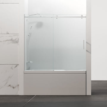 *New 60" Tub Door Frameless Sliding with Klearteck Treatment (3/8" Fixed + 5/16" Sliding )  (Brushed Nickel) Amber Series