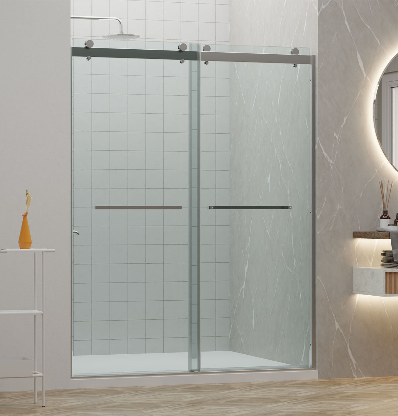 60" Linda Series Frameless Bypass Tubdoor with Klearteck Treatment (5/16" Thickness) (Chrome)