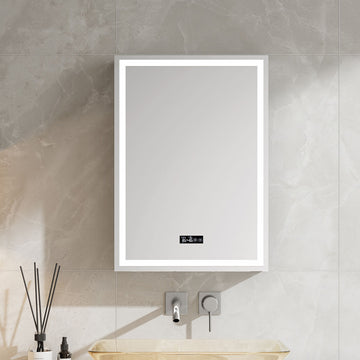 24" LED Model 3 Medicine Cabinets Left Hinge (Surface Mount/Recessed) Tempered Mirror 5X Stronger, Temperature Clock