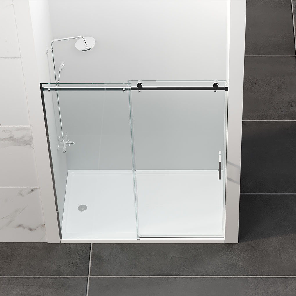 60" Amber Series Frameless Sliding Shower Door with Klearteck Treatment (3/8" Fixed + 5/16" Sliding ) (Chrome)