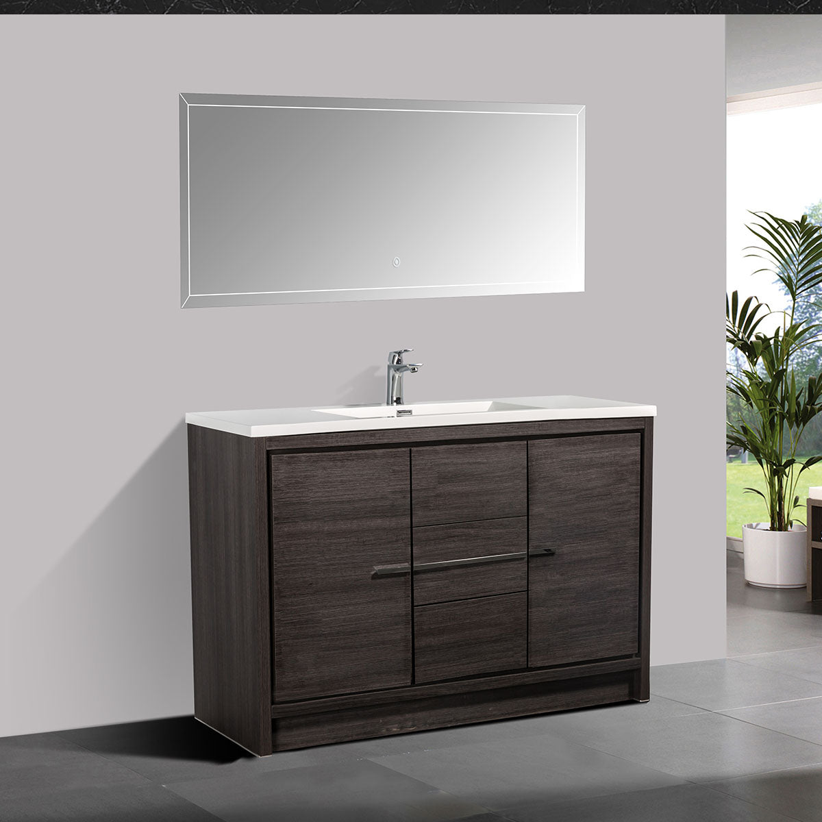 48" V9019 Allier Series Standing Vanity & Acrylic Basin  Sink (Leached Oak）