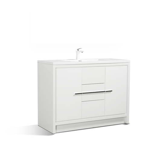 48" V9019 Allier Series Standing Vanity & Acrylic Basin Sink (Glossy White）