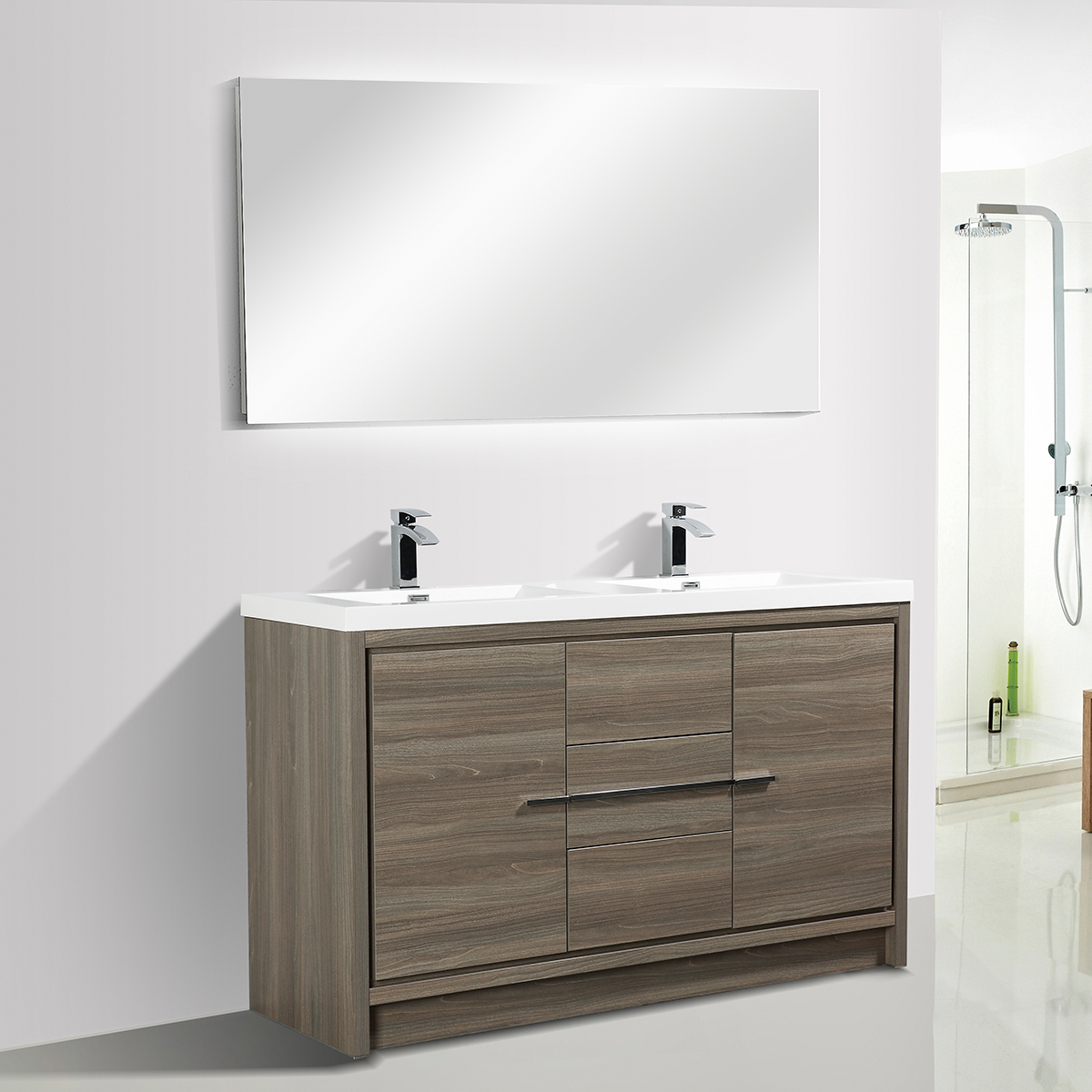 60" V9019 Allier Series Standing Vanity & Acrylic Basin Double Sink (Maple Grey）