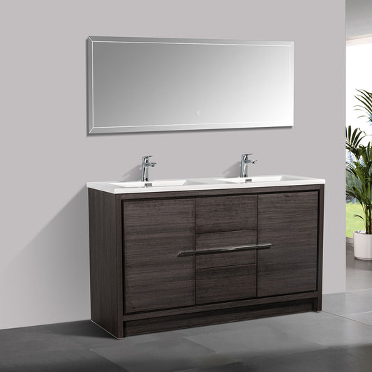 60" V9019 Allier Series Standing Vanity & Acrylic Basin Double Sink (Leached Oak）