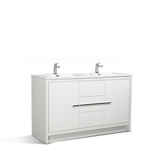 60" V9019 Allier Series Standing Vanity & Acrylic Basin Double Sink (Glossy White）