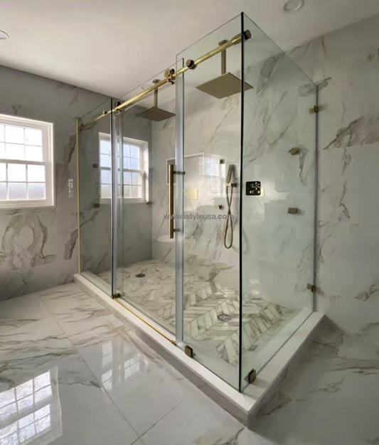 Matthew MZ  Frameless Single Sliding Shower Door with Return Panel (3 Panels) (Brushed Gold)