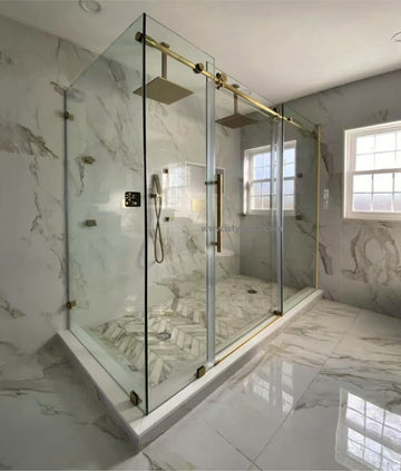 Matthew MZ  Frameless Single Sliding Shower Door with Return Panel (3 Panels) (Brushed Gold)