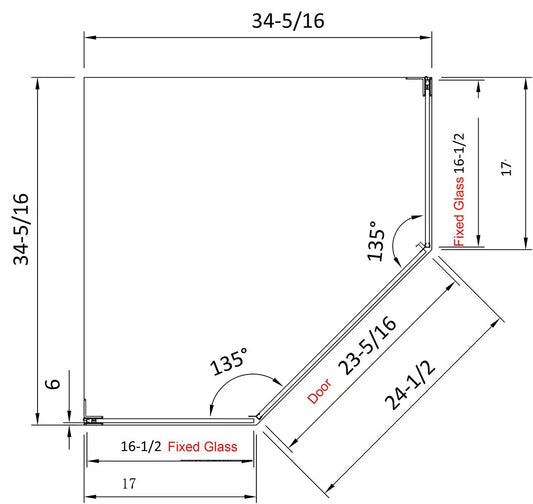 * NEW Neo Maggie Angle G06 Hinged Shower Door  (16-1/2" Fixed x 24-1/2" Door  x 16-1/2" Fixed x 76" Height) fits on Base 36"W X 36"W  (3/8" Thickness) (Matte Black)