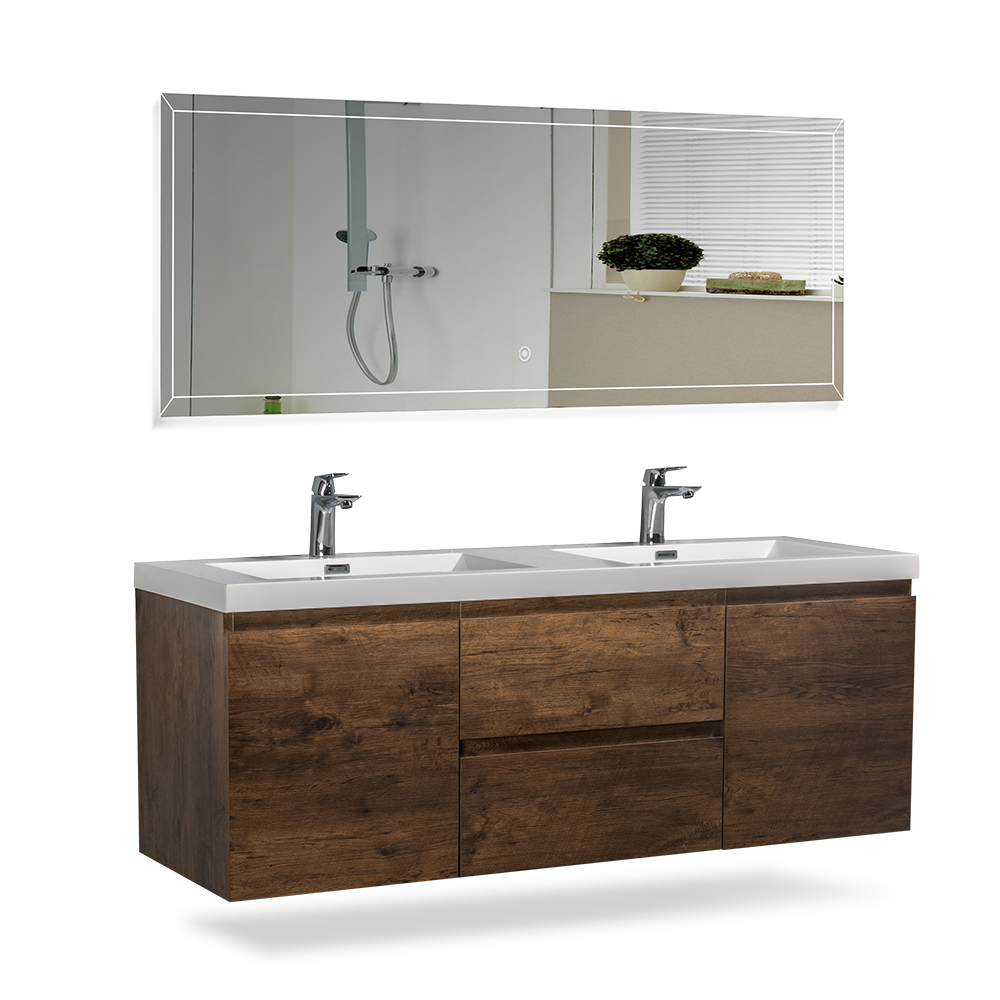 60" Angela Wall Hung Vanity & Acrylic Basin Double Sink (Rose Wood） V9005 Series