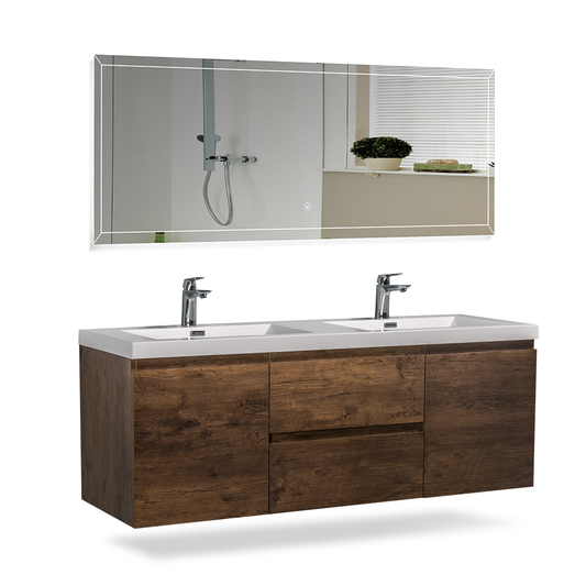 60" V9005 Angela Series Wall Hung Vanity & Acrylic Basin Double Sink (Rose Wood)