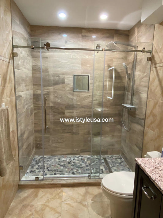 84" MZ Matthew Series Frameless (3 Panels) Single Sliding Shower Door with Klearteck Treatment (3/8" Thickness) (Brushed Nickel)