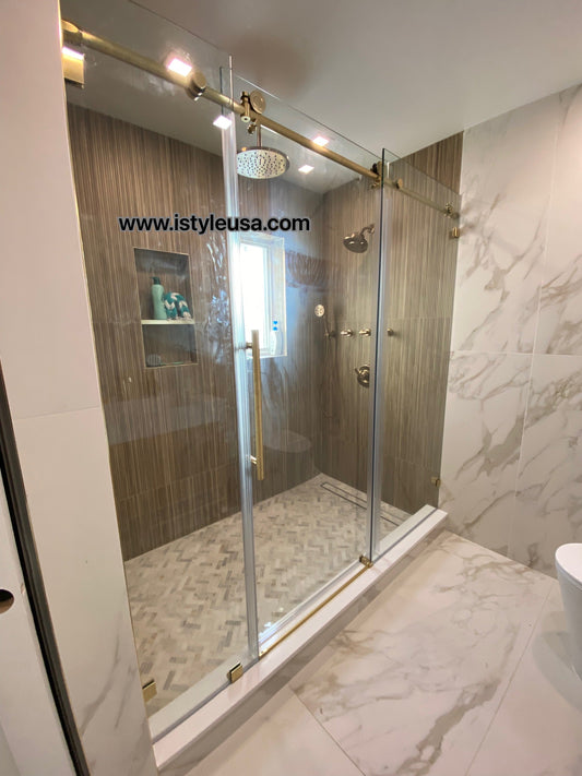 84" MZ Matthew Series Frameless (3 Panels) Single Sliding  Shower Door with Klearteck Treatment (3/8" Thickness) (Brushed Gold)