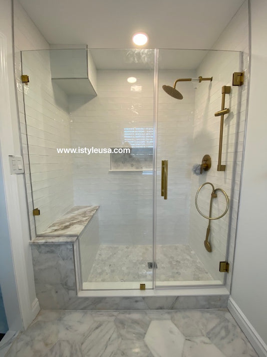 Miko's Hinges Custom shower door with a WALL OR BENCH  (3/8" Thickness) (Chrome)  can be set up to open inside or outside.