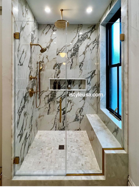 Miko's Hinges Custom shower door with a WALL OR BENCH  (3/8" Thickness) (Brushed Nickel) Can be set up to open inside or outside.