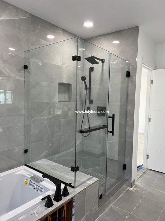 Miko's Hinges Custom shower enclosure HALF WALL/ BENCH with RETURN PANEL (3/8" , 1/2" Thickness) (Chrome, Brushed Nickel, Matte Black, Brushed Gold) Can be set up to open inside or outside.