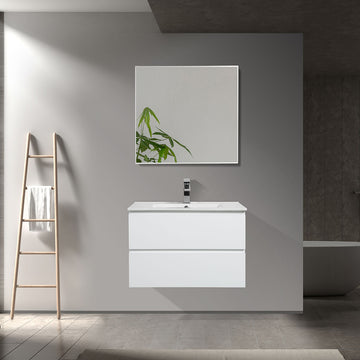 30" V9005 Angela Series Wall Hung Vanity & Ceramic Sink (Glossy White）
