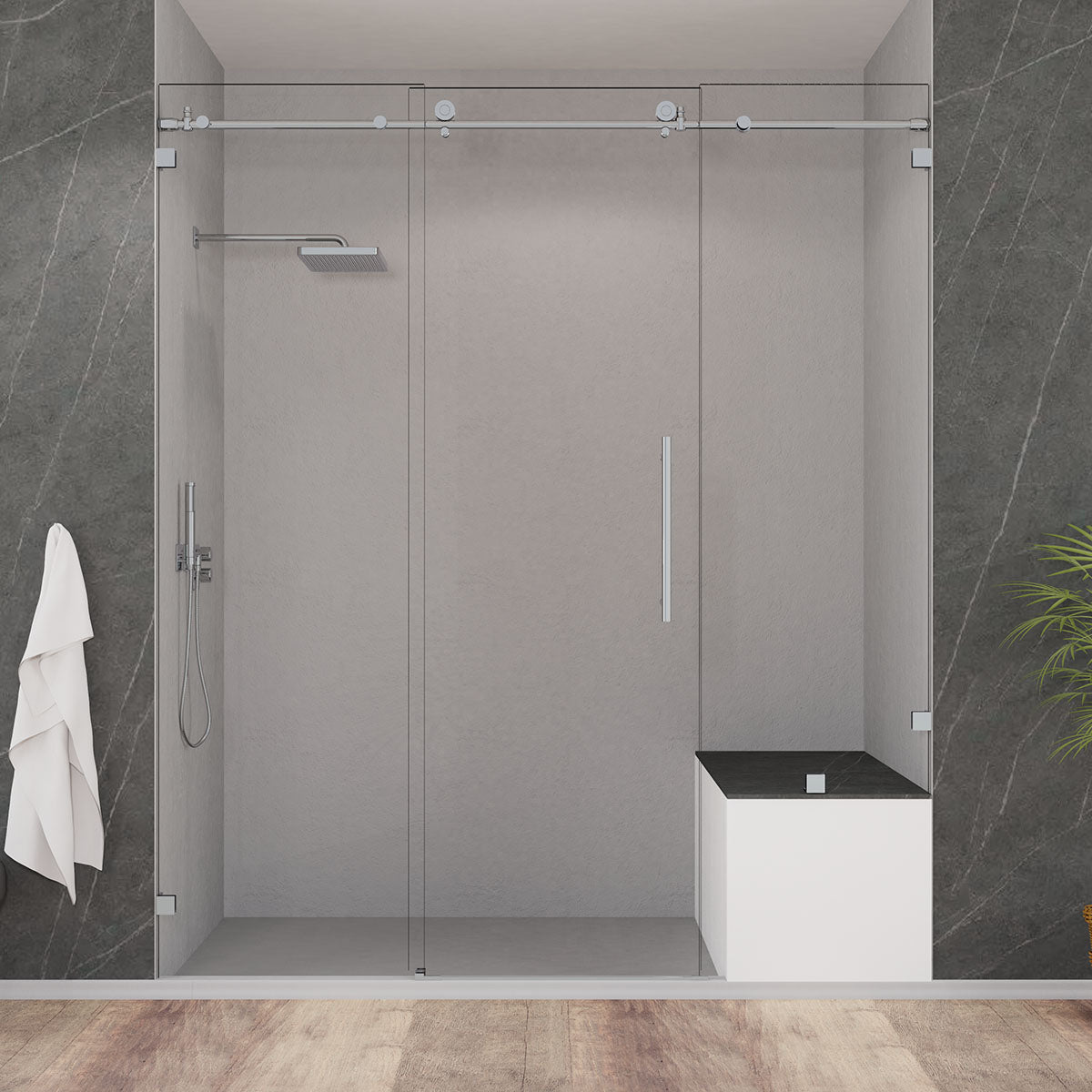 Custom MZ Frameless  Single Sliding Shower Door with Bench/Wall Return Panel     (3/8") (Chrome, Brushed Nickel, Matte Black & Brushed Gold) - iStyle Bath