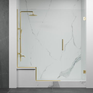 Miko's Hinges Custom shower door with a WALL OR BENCH  (3/8" Thickness) (Brushed Gold)  can be set up to open inside or outside.