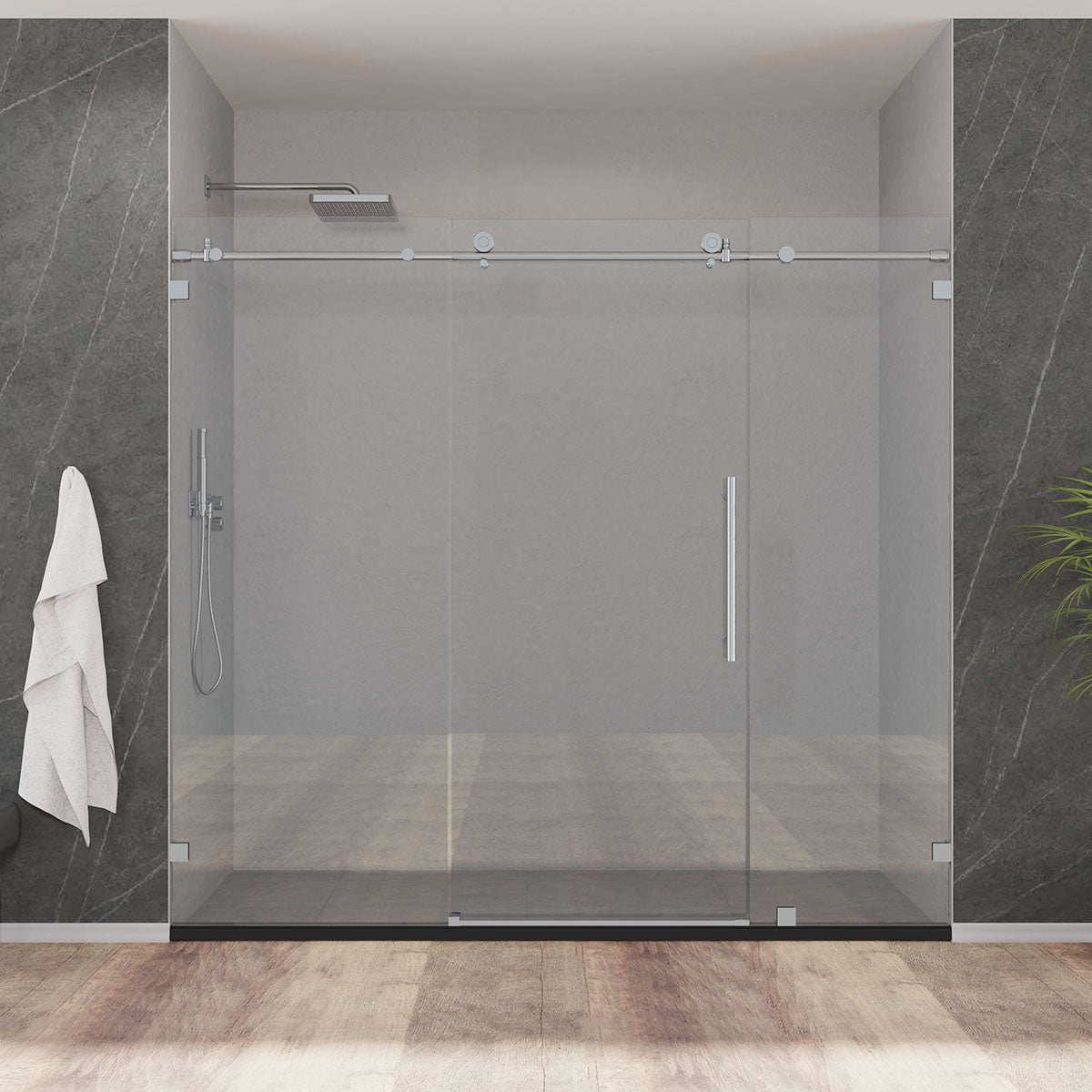 78"  Frameless (3 Panels) Single Sliding Shower Door with Klearteck Treatment (3/8" Thickness) (Chrome) MZ Mathew Series