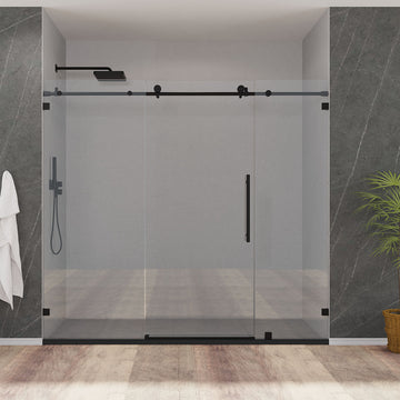 78" Frameless (3 Panels) Single Sliding Shower Door with Klearteck Treatment (3/8" Thickness) (Matte Black) MZ Matthew Series